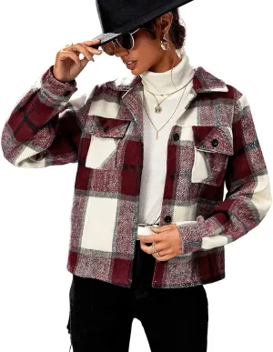 ebossy Women's Single Breatsed Buttoned Plaid Slim Wool Blend Jacket Crop Overcoat with Flap Pockets