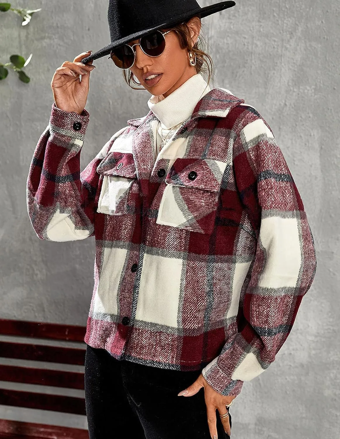 ebossy Women's Single Breatsed Buttoned Plaid Slim Wool Blend Jacket Crop Overcoat with Flap Pockets