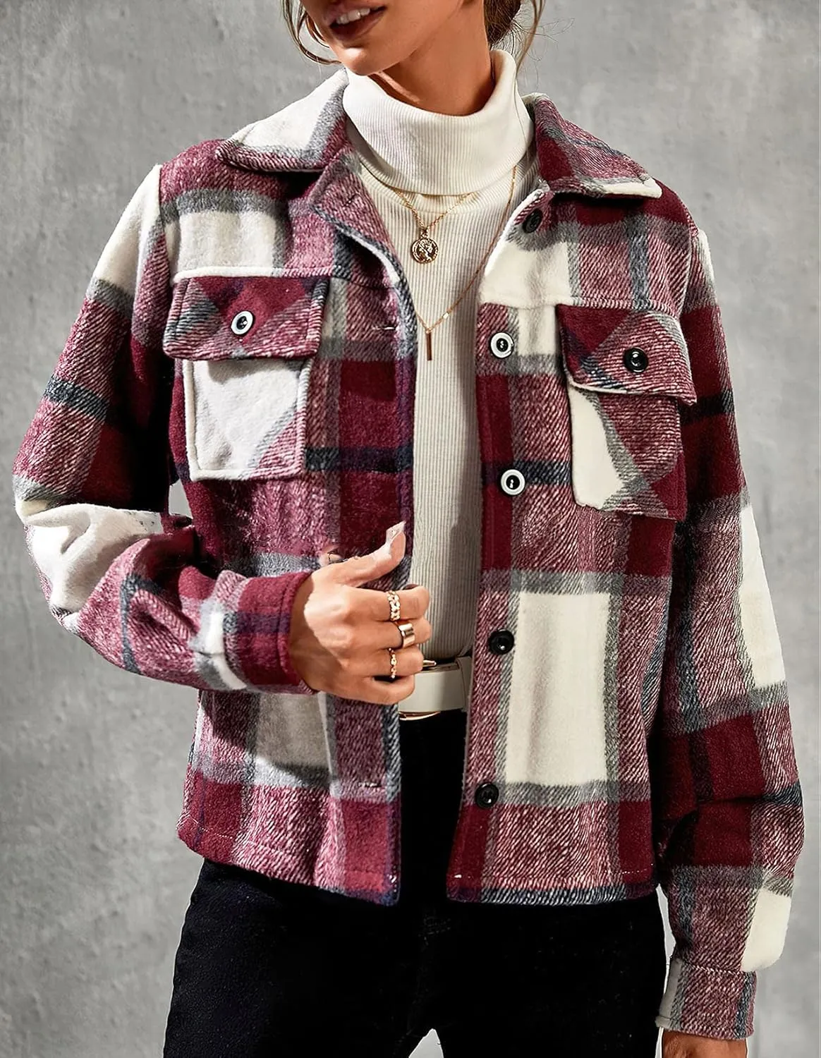 ebossy Women's Single Breatsed Buttoned Plaid Slim Wool Blend Jacket Crop Overcoat with Flap Pockets