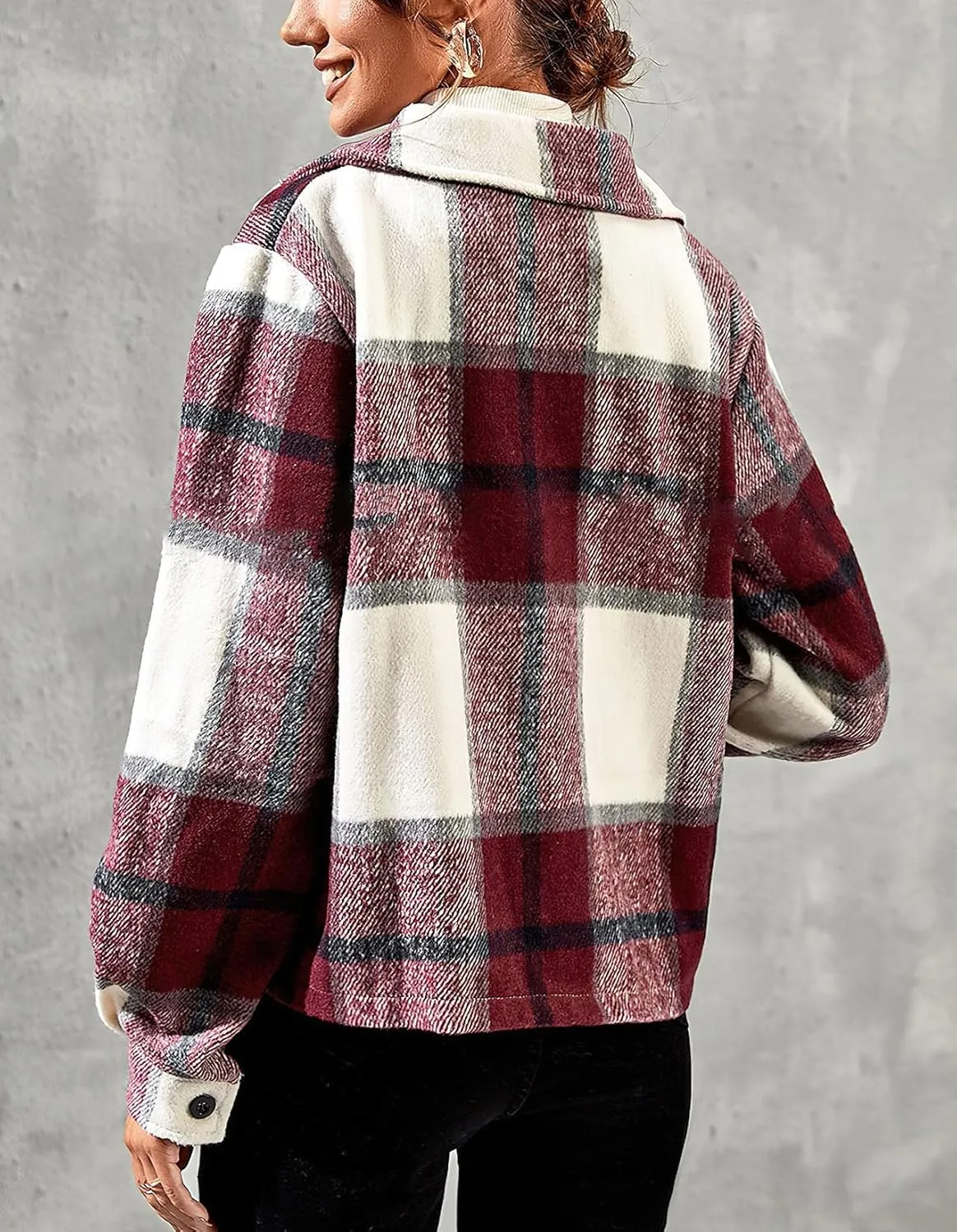 ebossy Women's Single Breatsed Buttoned Plaid Slim Wool Blend Jacket Crop Overcoat with Flap Pockets