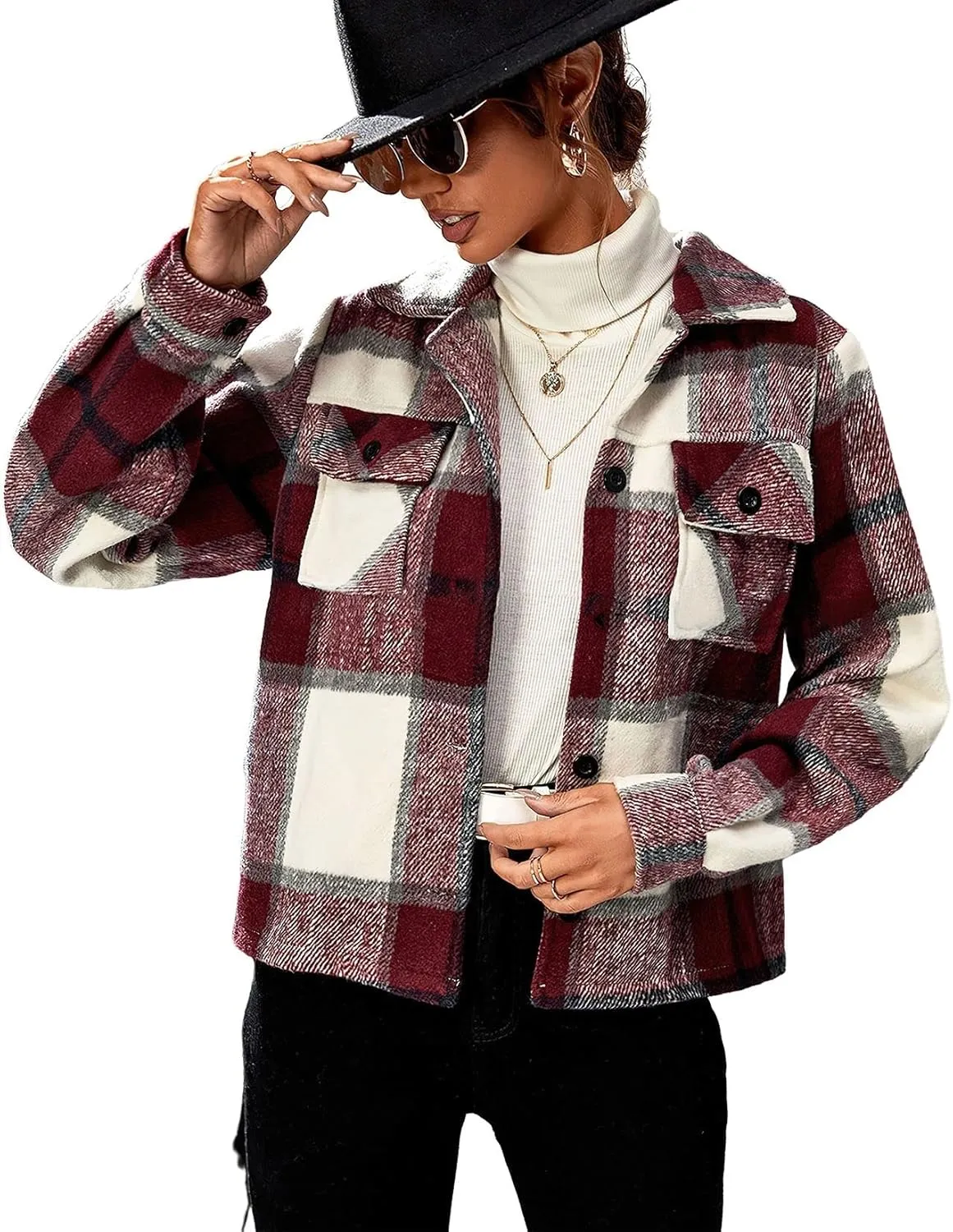 ebossy Women's Single Breatsed Buttoned Plaid Slim Wool Blend Jacket Crop Overcoat with Flap Pockets