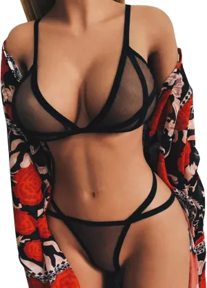 Eduavar Sexy Lingerie for Women, Eyelash Lace Mesh Matching Bra and Panty Sets Push Up Lace Bralette 2 Piece Lingerie Set