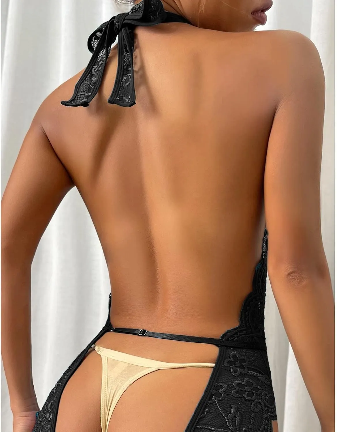 Eduavar Sexy Lingerie for Women, Pajamas for Women Plus Size See Through Lace Halter Bralette High Waist Panty Set
