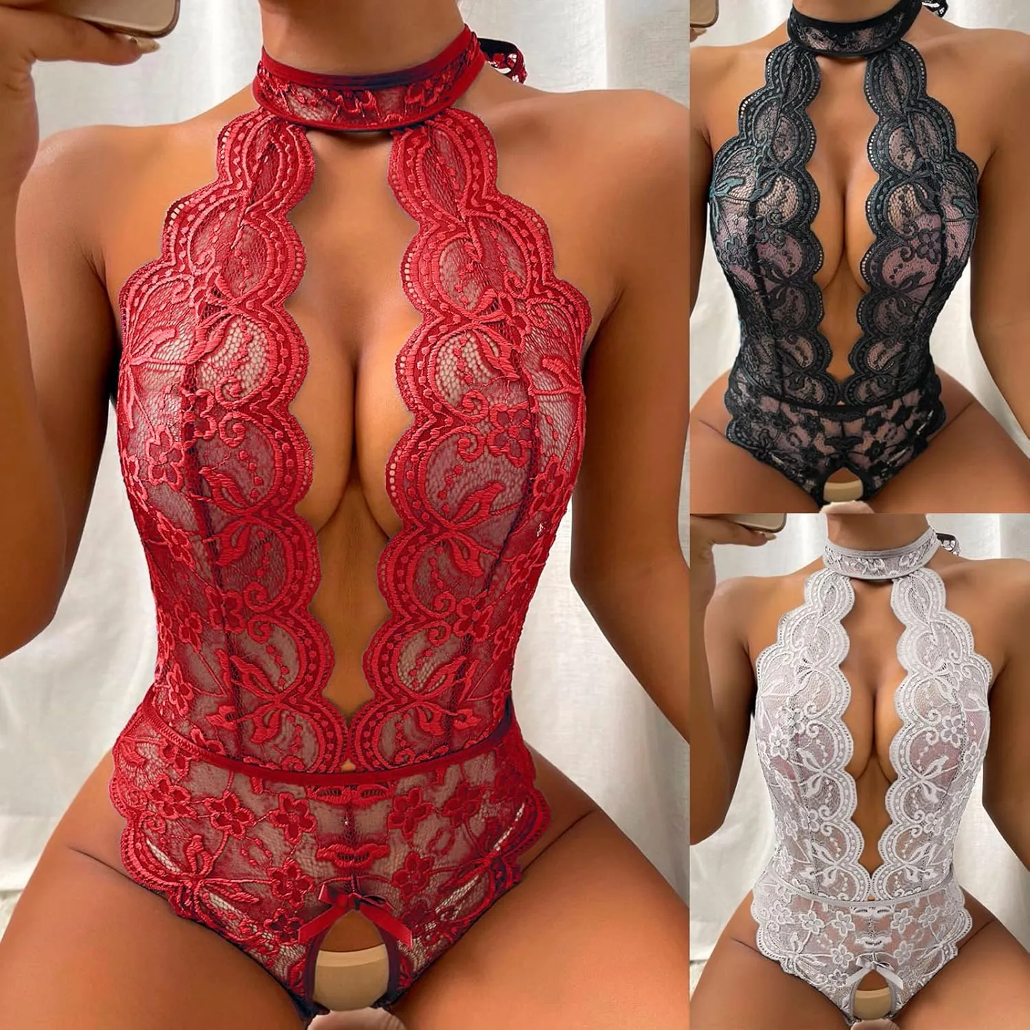 Eduavar Sexy Lingerie for Women, Pajamas for Women Plus Size See Through Lace Halter Bralette High Waist Panty Set
