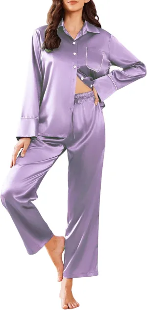 Ekouaer Silk Pajamas for Women Satin Pajama Sets Button Down Lounge Sets Silky Pajama Long Pants Sleepwear with Pockets