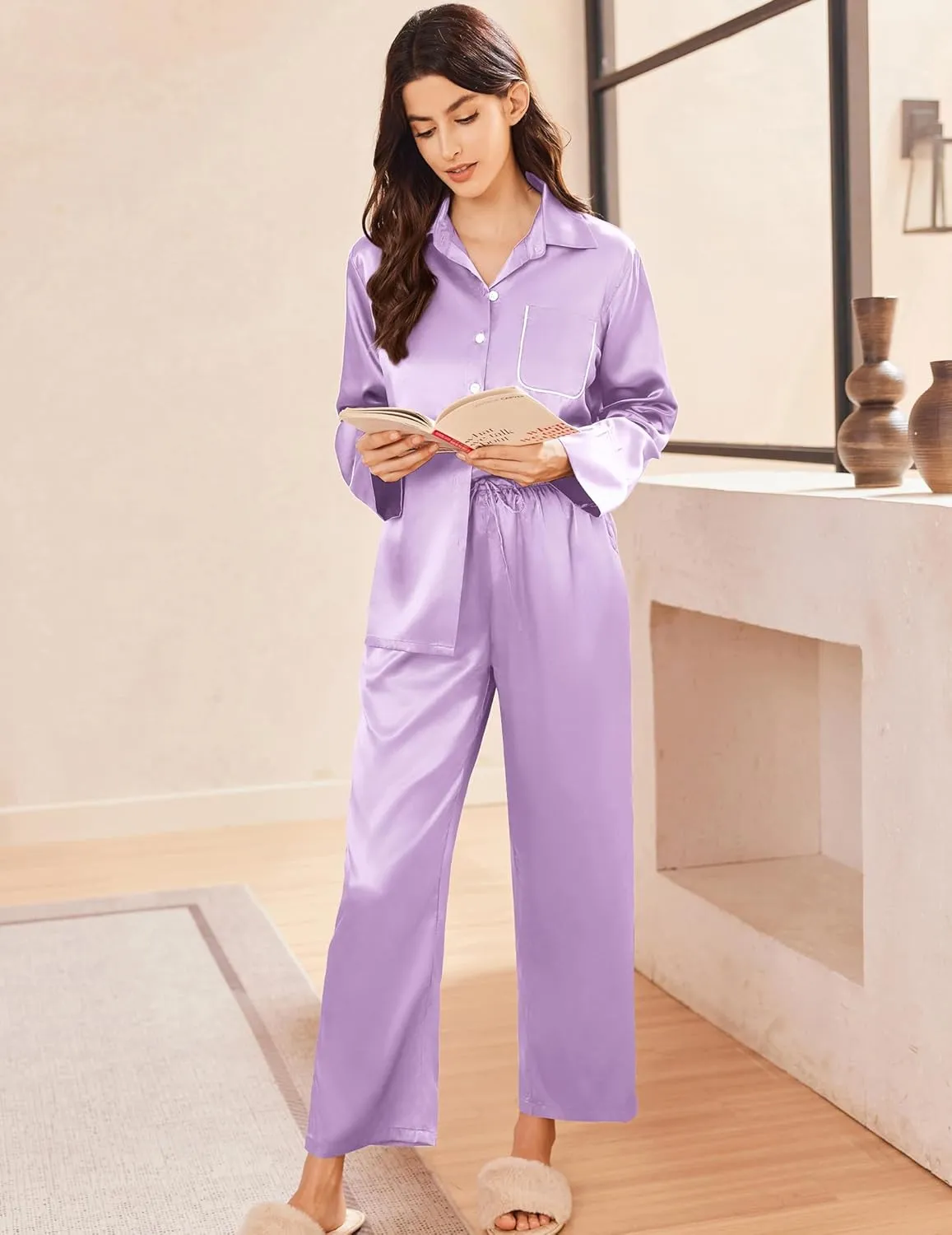 Ekouaer Silk Pajamas for Women Satin Pajama Sets Button Down Lounge Sets Silky Pajama Long Pants Sleepwear with Pockets