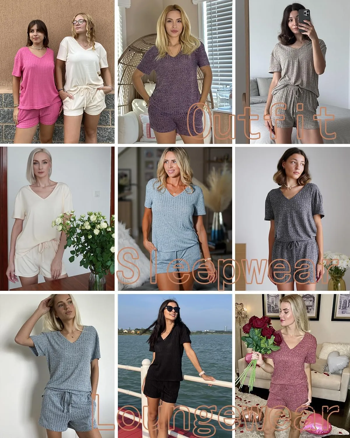 Ekouaer Womens 2 Piece Lounge Sets Summer Two Piece Outfits Ribbed Knit V Neck Short Sleeve Tee and Pockets Shorts Sets