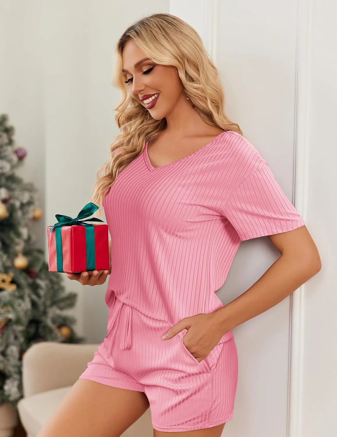 Ekouaer Womens 2 Piece Lounge Sets Summer Two Piece Outfits Ribbed Knit V Neck Short Sleeve Tee and Pockets Shorts Sets