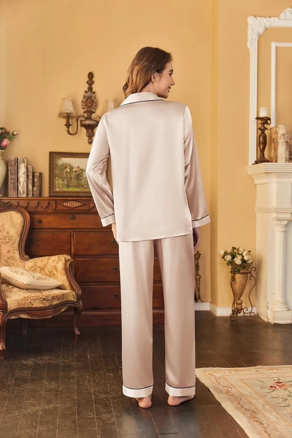 Ekouaer Women's Classic Button Down Long Satin Silk Pajama Set