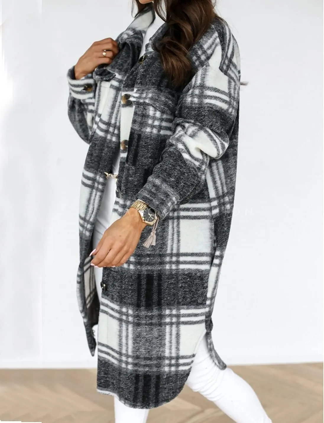 Esmeling Womens Plaid Shacket Brushed Flannel Shirt Jacket Mid Long Wool Blend Tartan Coat