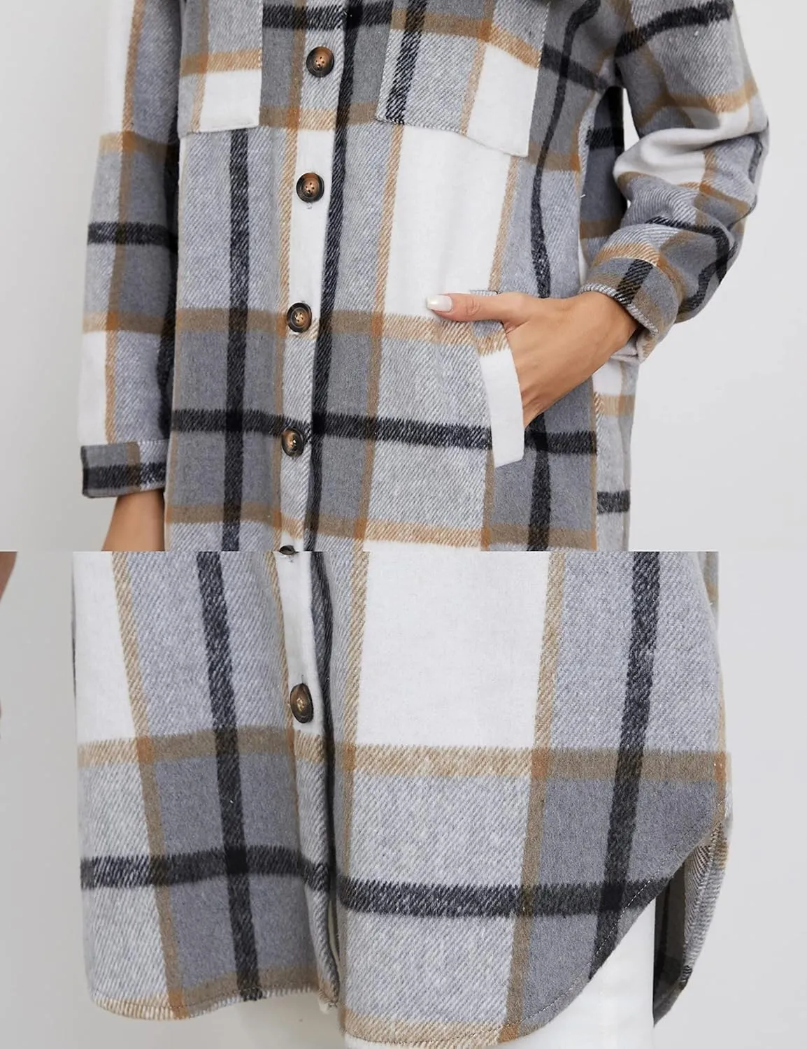 Esmeling Womens Plaid Shacket Brushed Flannel Shirt Jacket Mid Long Wool Blend Tartan Coat