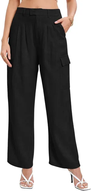 Famulily Comfy Pleated Linen Pants for Women Casual High Waisted Wide Leg Cargo Pants with Pockets