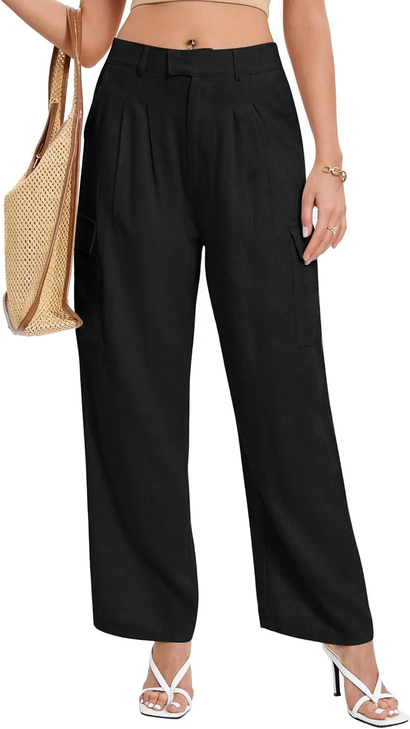 Famulily Comfy Pleated Linen Pants for Women Casual High Waisted Wide Leg Cargo Pants with Pockets