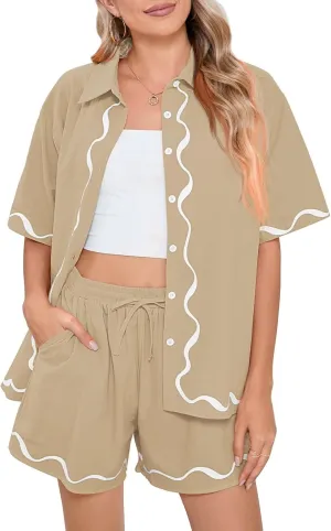 Fixmatti Women Two Piece Summer Sets Short Sleeve Button Down Shirts