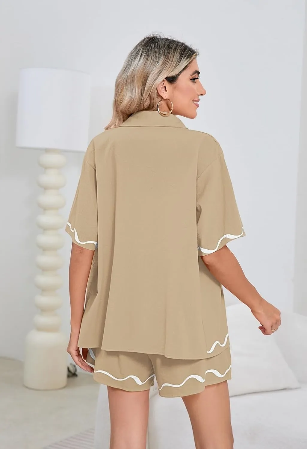 Fixmatti Women Two Piece Summer Sets Short Sleeve Button Down Shirts