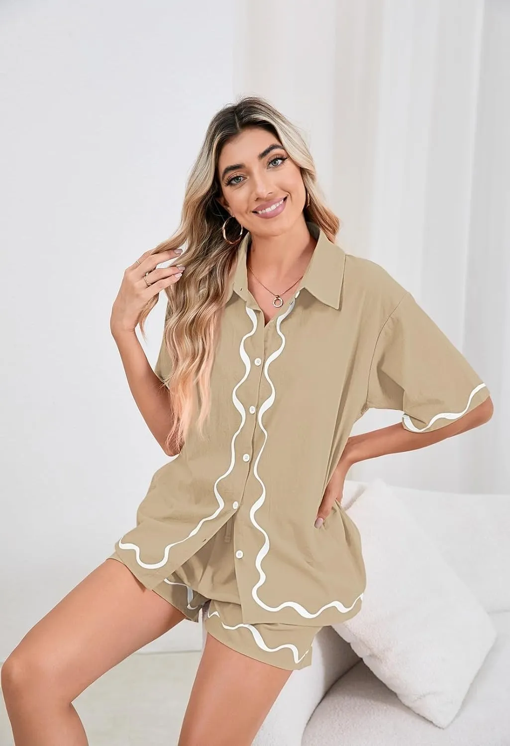 Fixmatti Women Two Piece Summer Sets Short Sleeve Button Down Shirts