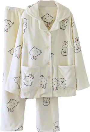 Fleece Pajamas Women Set Flannel Cute Print Long Sleeve Lapel Pocket Tops Elastic Waist Pants Winter Sleepwear Outfit