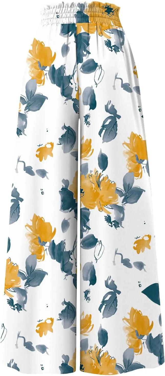 FlekmanArt Women's 2025 Summer Wide Leg Palazzo Pants High Waisted Flowy Pockets Trendy Casual Lounge Boho Beach Trouser
