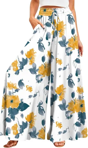 FlekmanArt Women's 2025 Summer Wide Leg Palazzo Pants High Waisted Flowy Pockets Trendy Casual Lounge Boho Beach Trouser