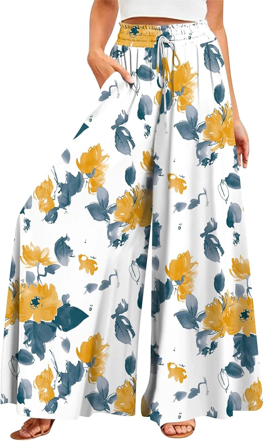 FlekmanArt Women's 2025 Summer Wide Leg Palazzo Pants High Waisted Flowy Pockets Trendy Casual Lounge Boho Beach Trouser