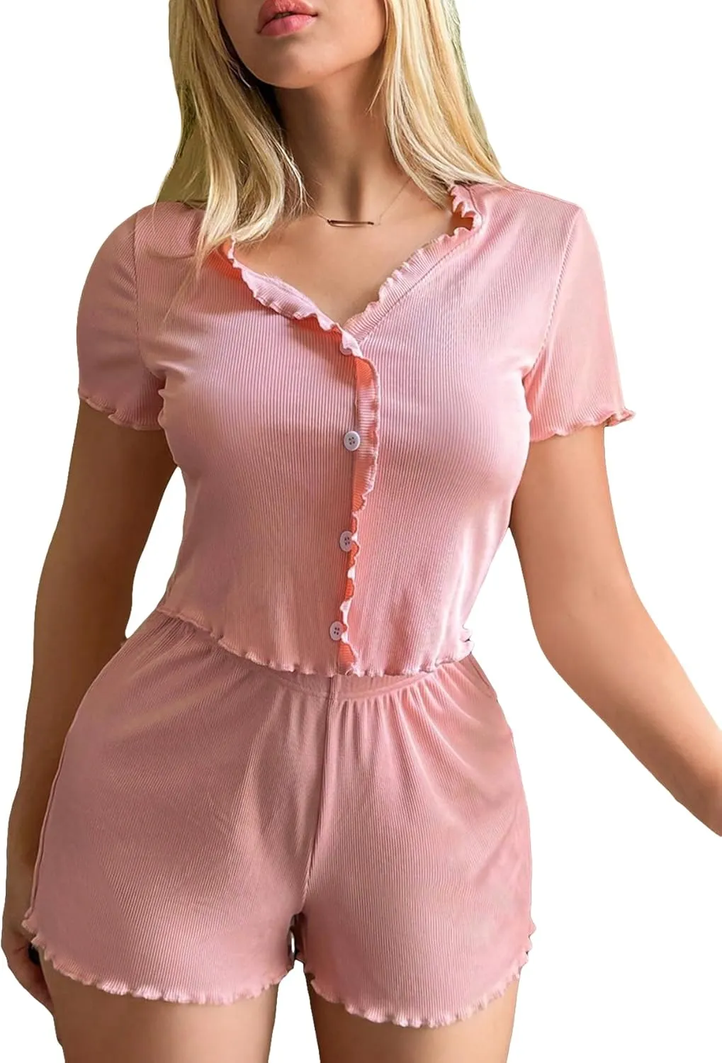 Floerns Women's Two Piece Pajamas Sets Button Front Lettuce Trim Top with Shorts PJ Set Lounge Set Sleepwear