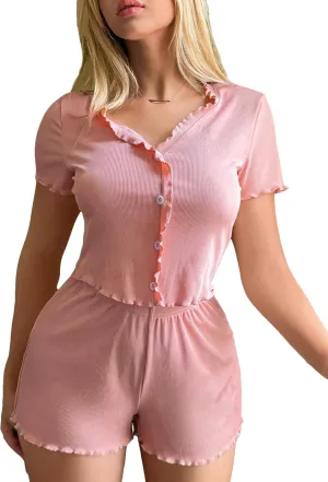 Floerns Women's Two Piece Pajamas Sets Button Front Lettuce Trim Top with Shorts PJ Set Lounge Set Sleepwear