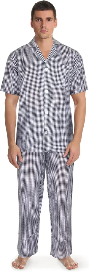 Fruit of the Loom Men's Pajama Set 100% Cotton Broadcloth 2-Piece Comfortable Men's Sleepwear Set With Short-Sleeved PJ Shirt- Soft & Breathable Lounge Set For Men, Navy Gingham