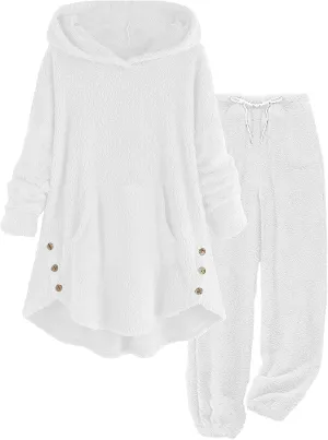 Fuzzy Pajamas Set for Women Winter Warm Fluffy Plush Sleepwear Plus Size Sherpa Hoodie Tops and Drawstring Pants
