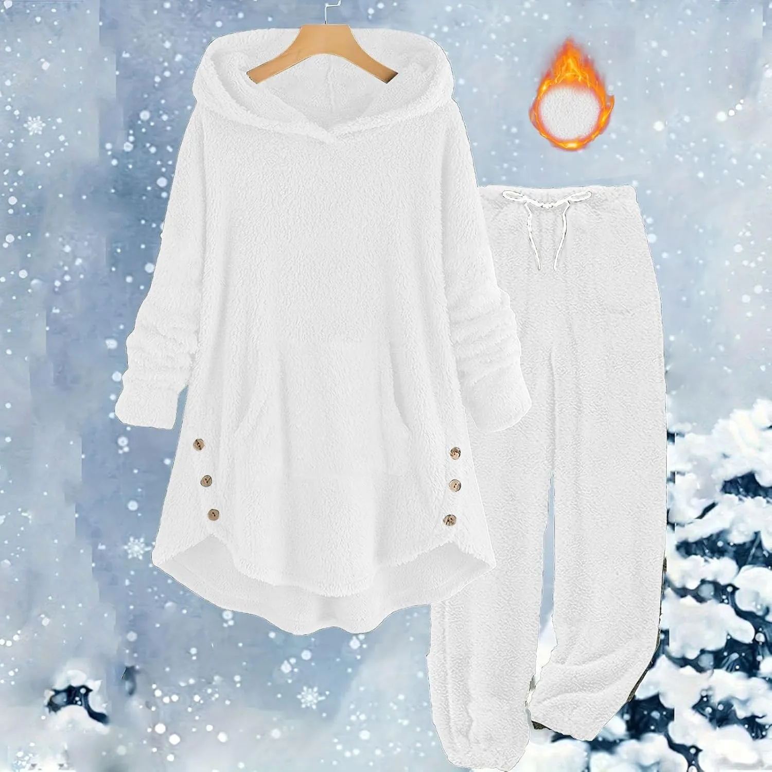Fuzzy Pajamas Set for Women Winter Warm Fluffy Plush Sleepwear Plus Size Sherpa Hoodie Tops and Drawstring Pants