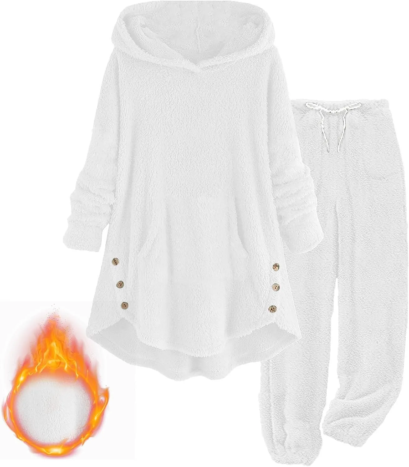 Fuzzy Pajamas Set for Women Winter Warm Fluffy Plush Sleepwear Plus Size Sherpa Hoodie Tops and Drawstring Pants