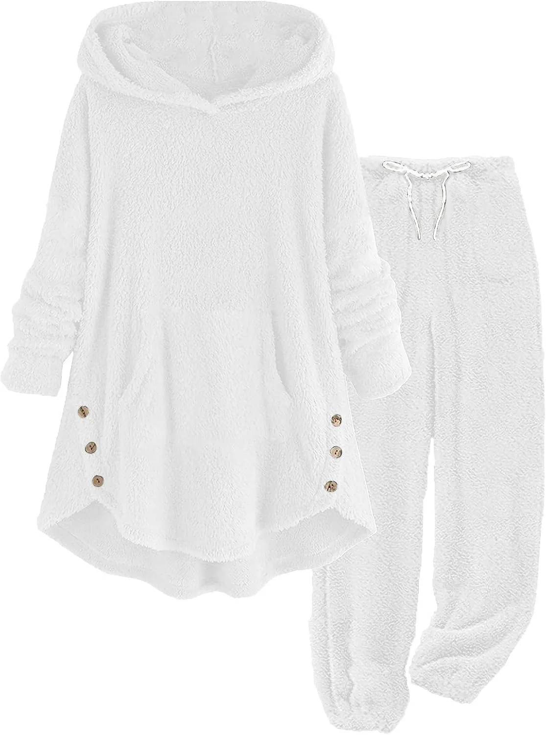 Fuzzy Pajamas Set for Women Winter Warm Fluffy Plush Sleepwear Plus Size Sherpa Hoodie Tops and Drawstring Pants
