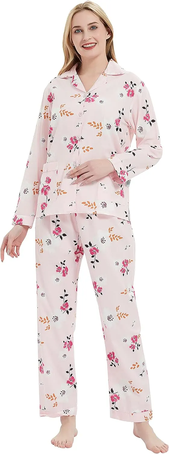 GLOBAL Womens Cotton Pajama Set for Women Long Sleeve PJs Button Down Sleepwear S-3XL