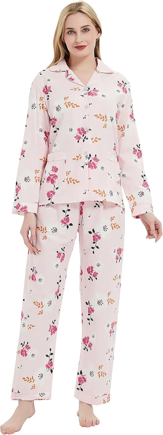 GLOBAL Womens Cotton Pajama Set for Women Long Sleeve PJs Button Down Sleepwear S-3XL