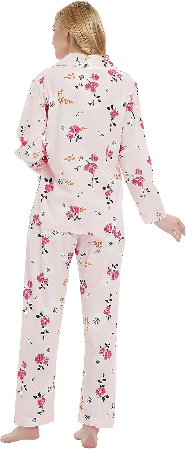 GLOBAL Womens Cotton Pajama Set for Women Long Sleeve PJs Button Down Sleepwear S-3XL