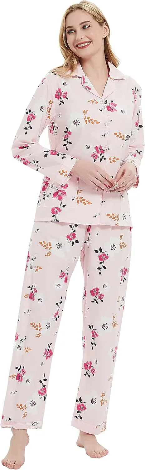 GLOBAL Womens Cotton Pajama Set for Women Long Sleeve PJs Button Down Sleepwear S-3XL