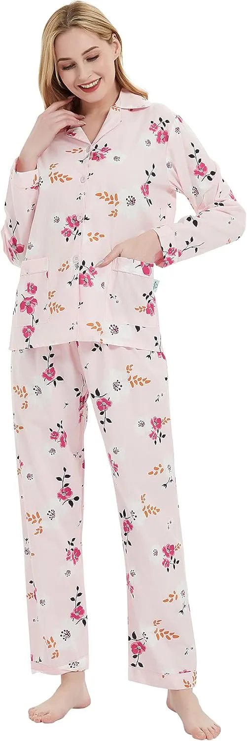 GLOBAL Womens Cotton Pajama Set for Women Long Sleeve PJs Button Down Sleepwear S-3XL