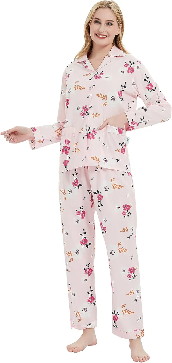 GLOBAL Womens Cotton Pajama Set for Women Long Sleeve PJs Button Down Sleepwear S-3XL