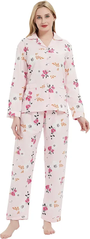 GLOBAL Womens Cotton Pajama Set for Women Long Sleeve PJs Button Down Sleepwear S-3XL