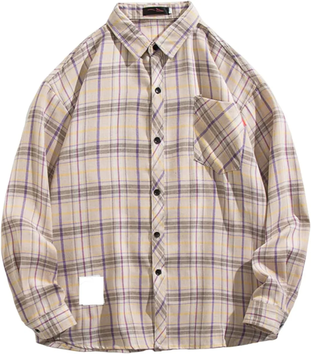 GOFULY Men's T-Shirts Button Up Long Sleeve Casual Shirts Checked Western Shirt Big and Tall Fall Jacket with Pockets