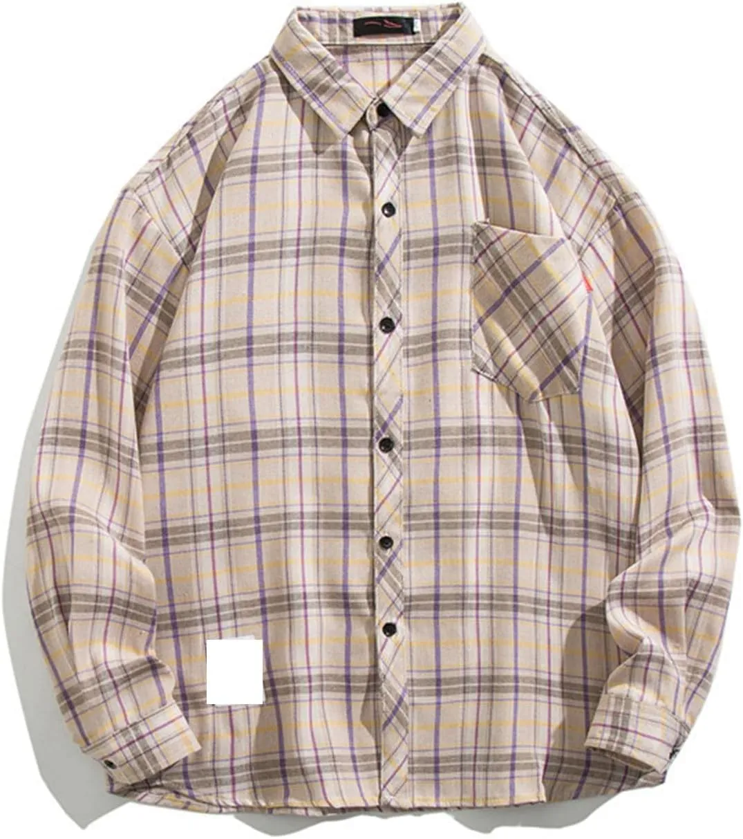 GOFULY Men's T-Shirts Button Up Long Sleeve Casual Shirts Checked Western Shirt Big and Tall Fall Jacket with Pockets