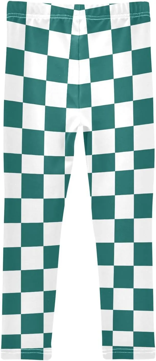 Green White Checked Squares Girls' Leggings Toddler Kids Stretch Yoga Pants Tights Dance Baby Athletic Long Pants 6T