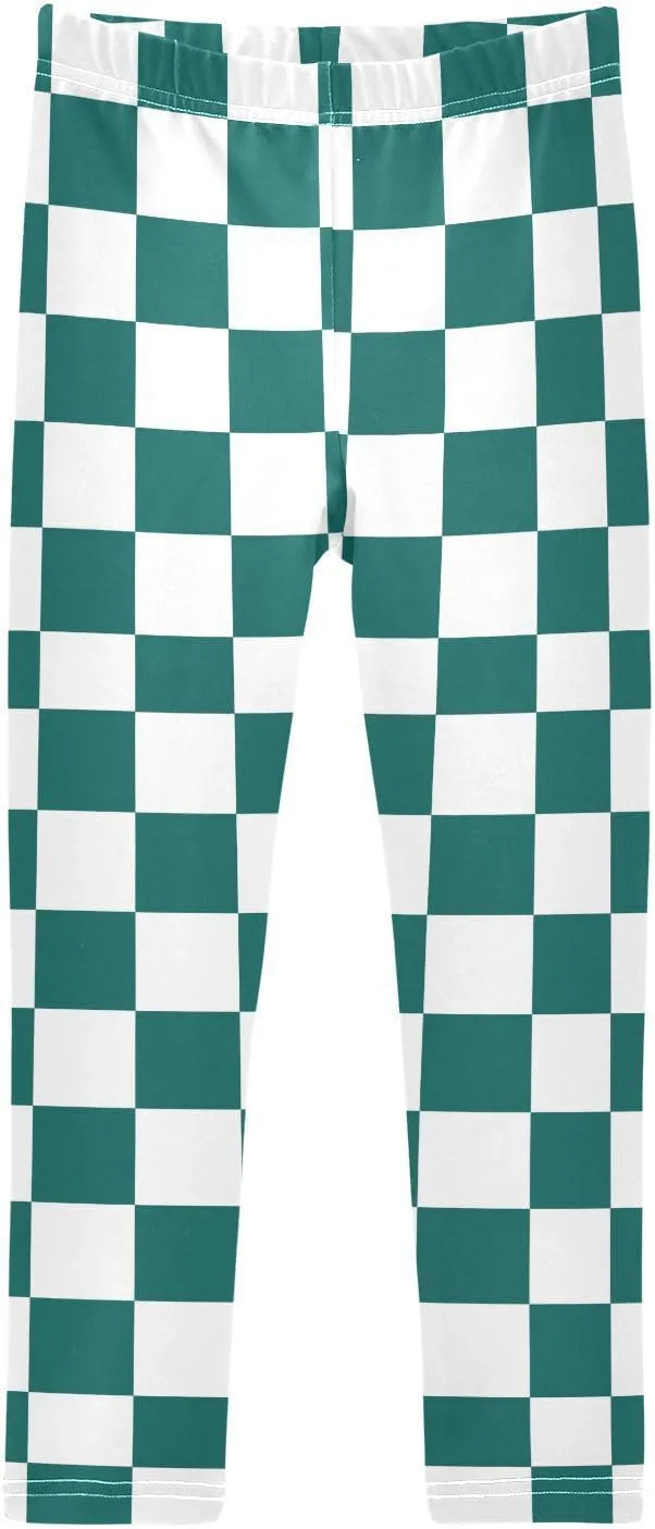 Green White Checked Squares Girls' Leggings Toddler Kids Stretch Yoga Pants Tights Dance Baby Athletic Long Pants 6T