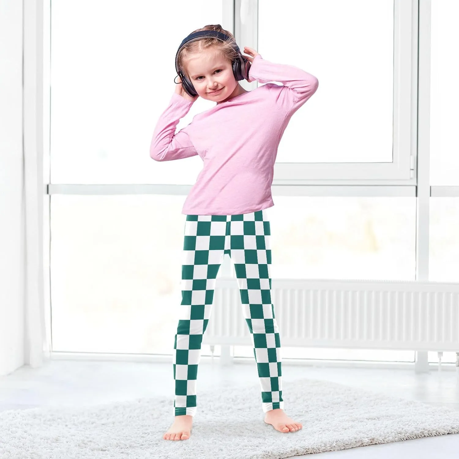 Green White Checked Squares Girls' Leggings Toddler Kids Stretch Yoga Pants Tights Dance Baby Athletic Long Pants 6T