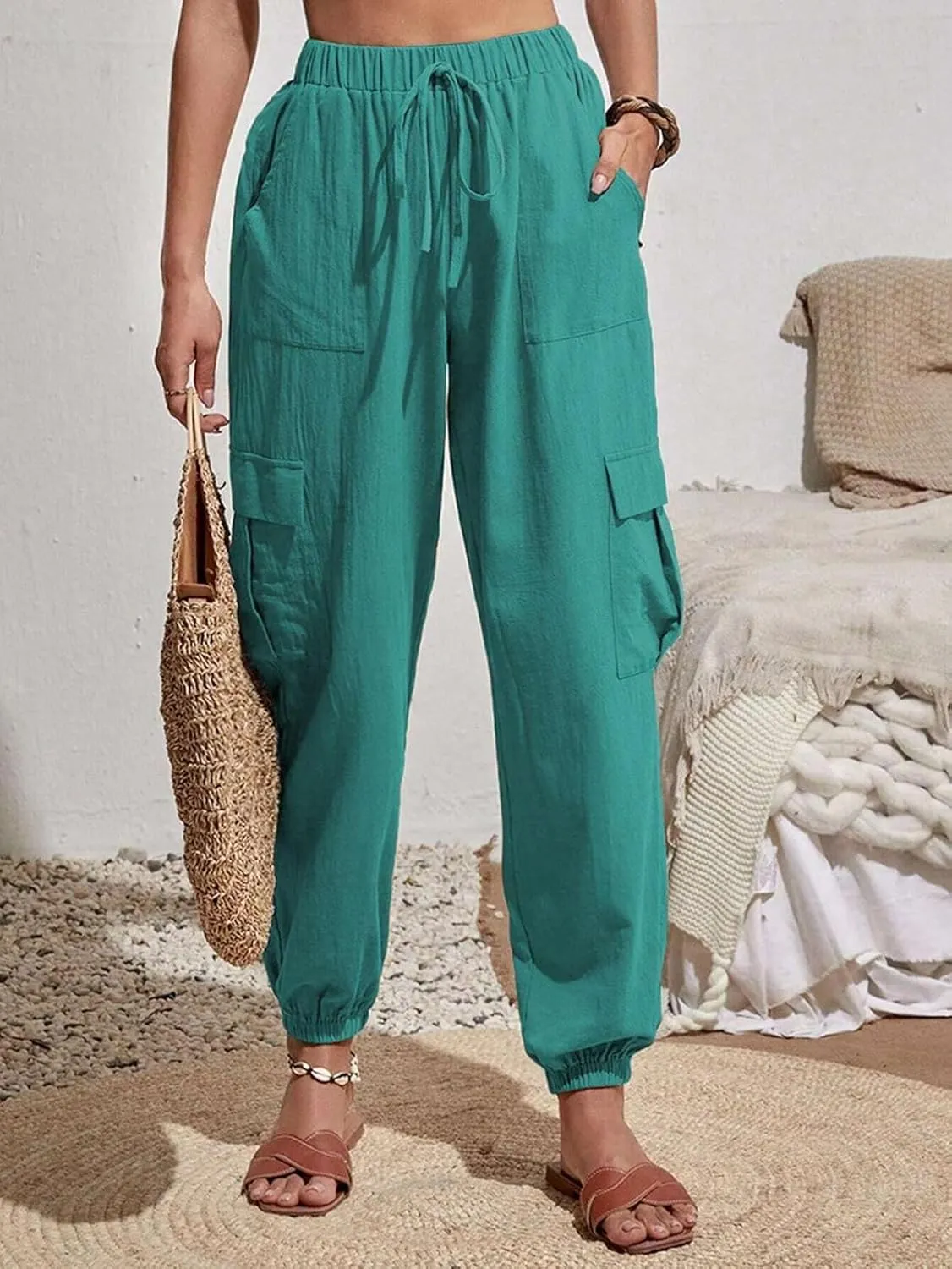 GUOLEZEEV High Waisted Jogger Pants Loose Hiking Joggers for Women Casual Lightweight Tapered Cargo Pants with Pockets