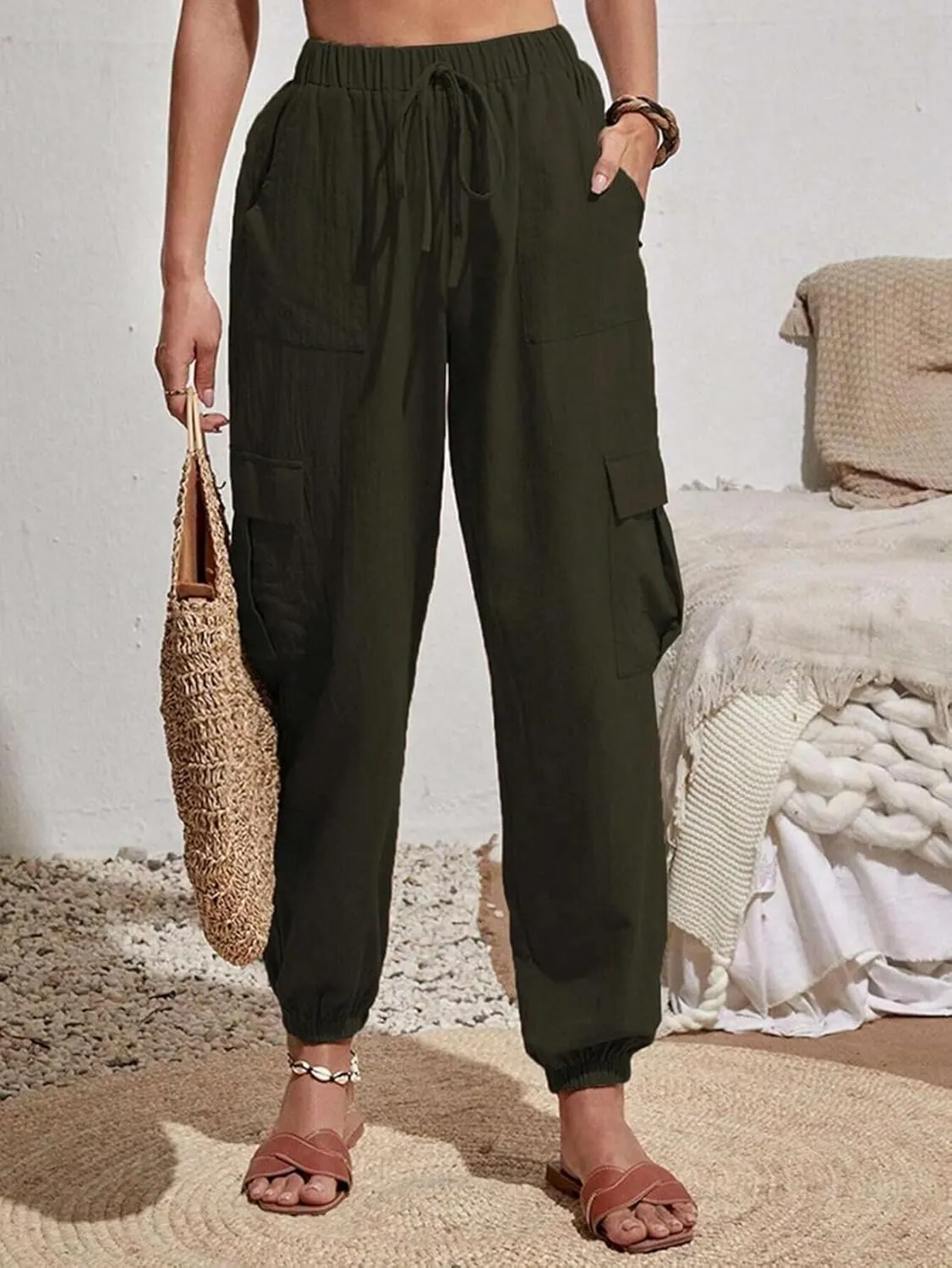 GUOLEZEEV High Waisted Jogger Pants Loose Hiking Joggers for Women Casual Lightweight Tapered Cargo Pants with Pockets