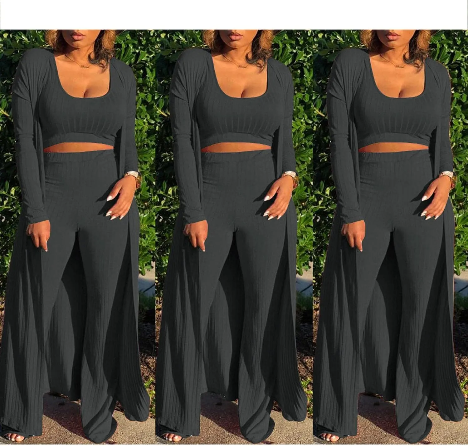 HANMAX Women's Tracksuit Winter Autumn Knitted Long-sleeved Blazer Coat Tank Long Pants Three Piece Sets Outfit