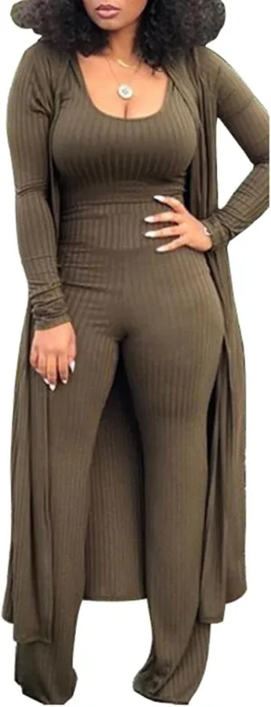 HANMAX Women's Tracksuit Winter Autumn Knitted Long-sleeved Blazer Coat Tank Long Pants Three Piece Sets Outfit