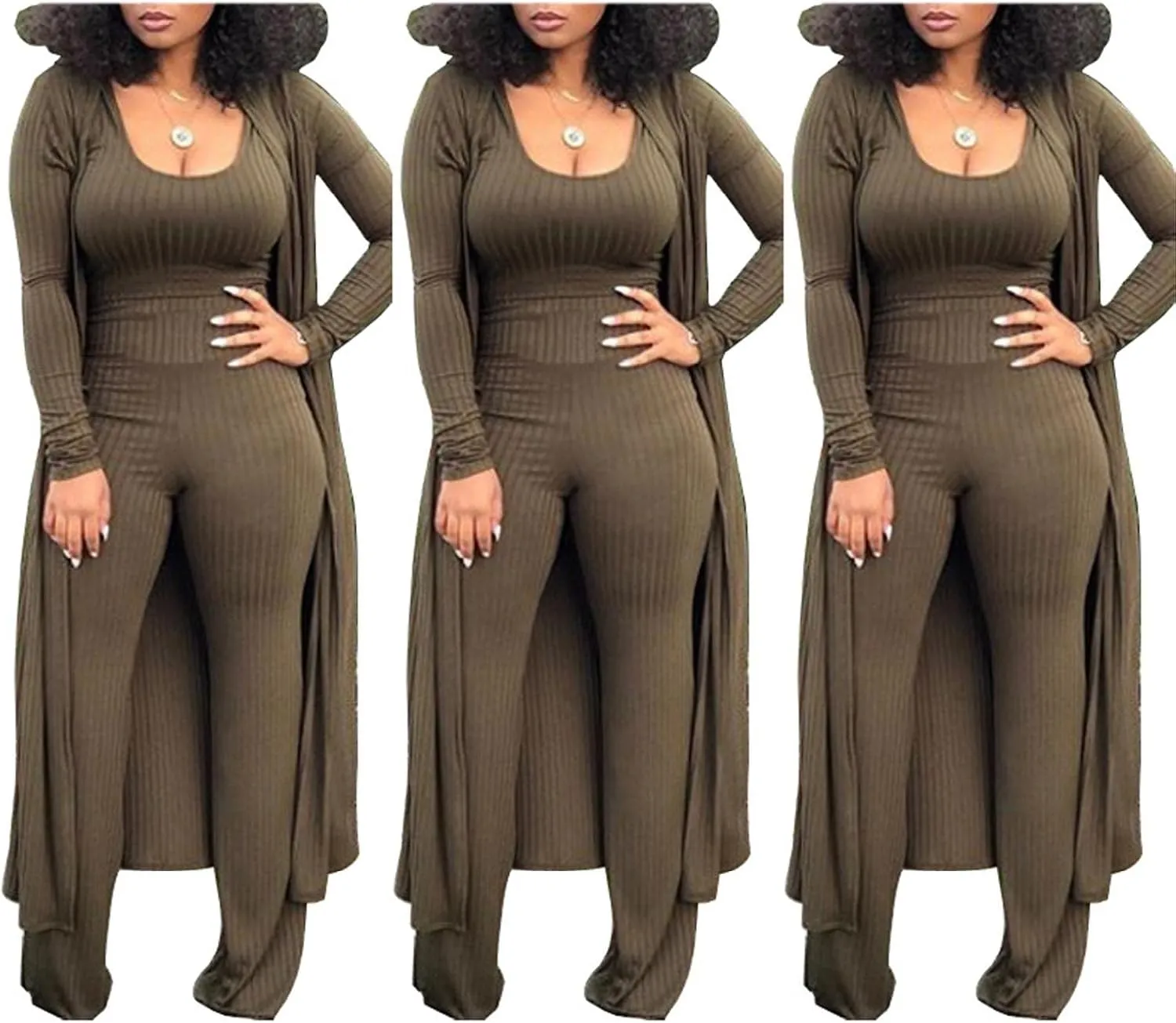 HANMAX Women's Tracksuit Winter Autumn Knitted Long-sleeved Blazer Coat Tank Long Pants Three Piece Sets Outfit