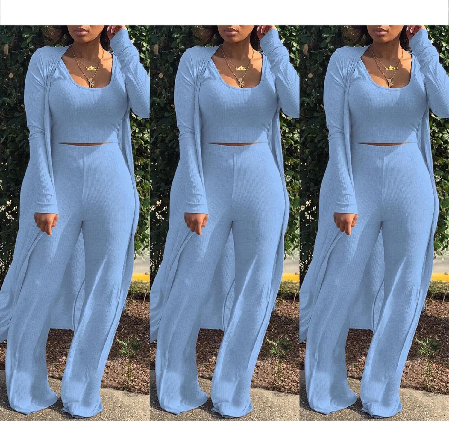 HANMAX Women's Tracksuit Winter Autumn Knitted Long-sleeved Blazer Coat Tank Long Pants Three Piece Sets Outfit