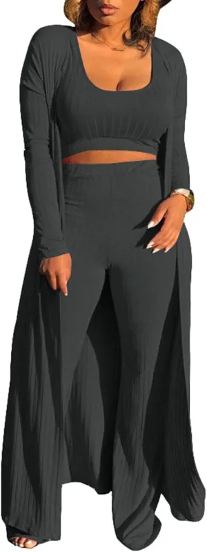 HANMAX Women's Tracksuit Winter Autumn Knitted Long-sleeved Blazer Coat Tank Long Pants Three Piece Sets Outfit